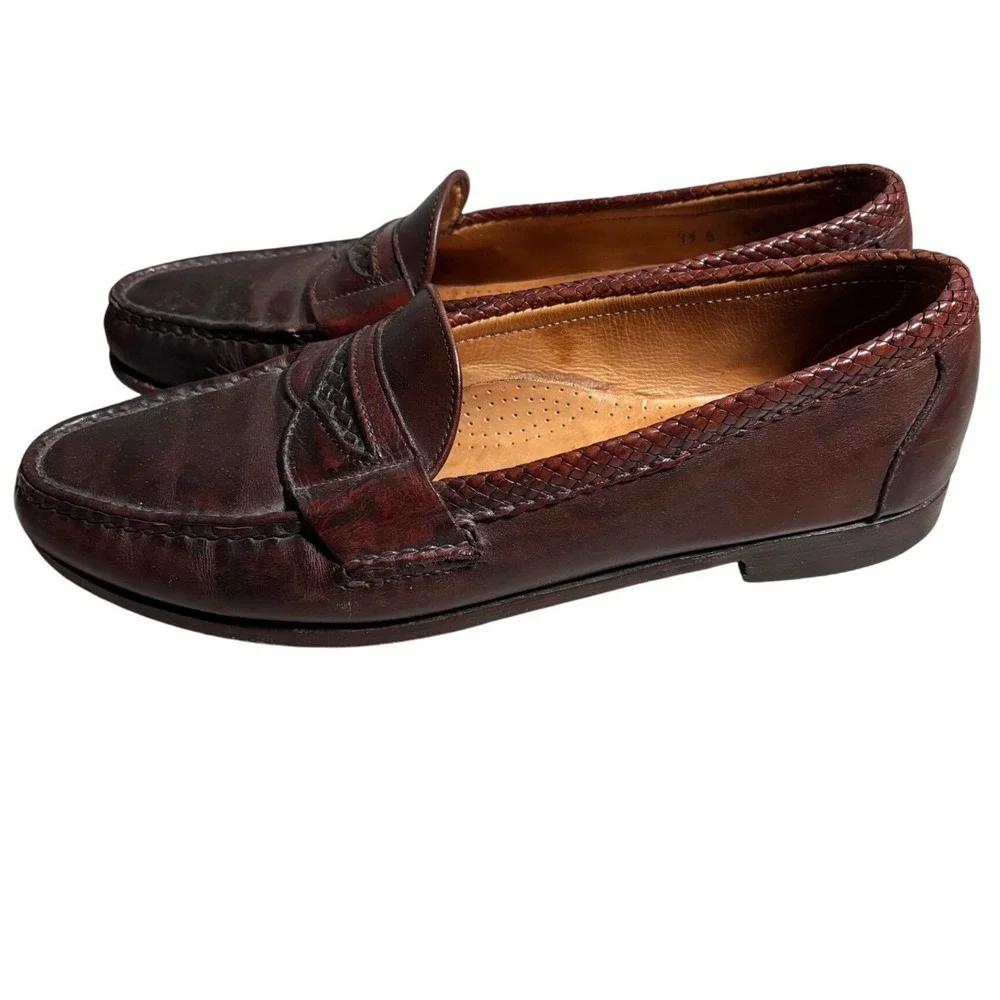 Allen Edmonds 13 B Newcastle Woven Leather Penny Loafers Burgundy USA Heritage